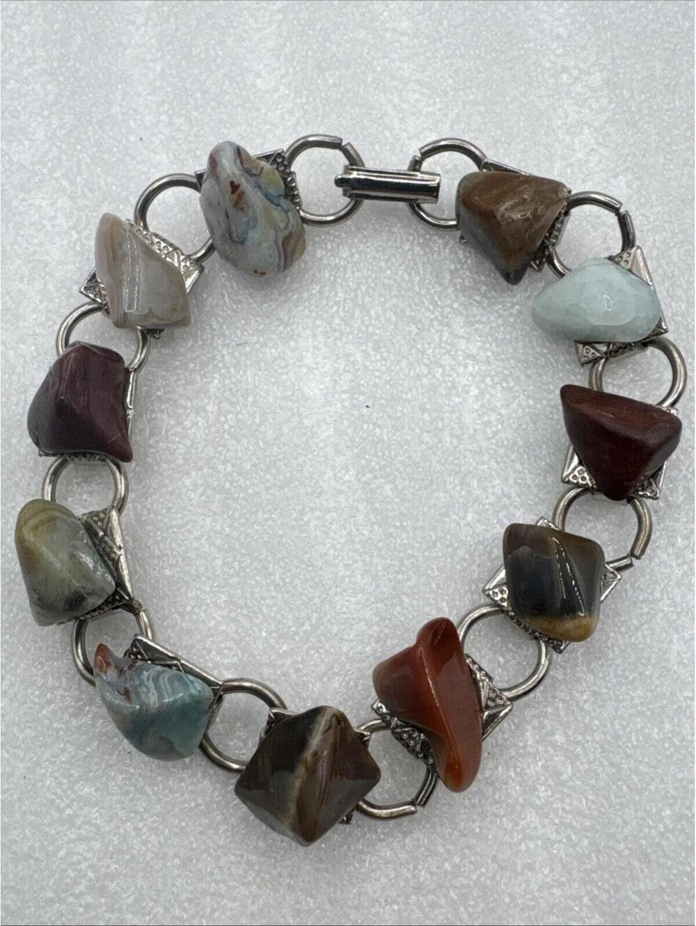 Vintage 7” Natural Polished Tumbled Stones Link Bracelet Silver Tone